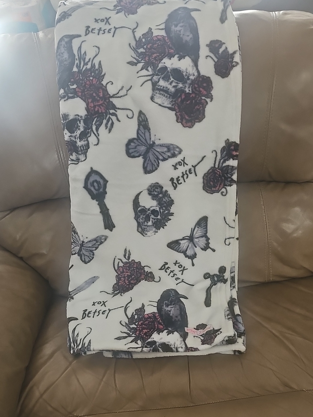 Betsey Johnson White Skull & Crow Plush Print Throw Blanket